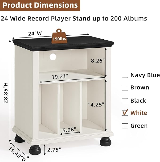Joaxswe Record Player Stand with Vinyl Record Storage, 24" Wide Mid-Century Record Player Table Up to 200 Albums,Large Wood Turntable Stand Cabinet Dispaly Shelf for Living Room,Bedroom,White