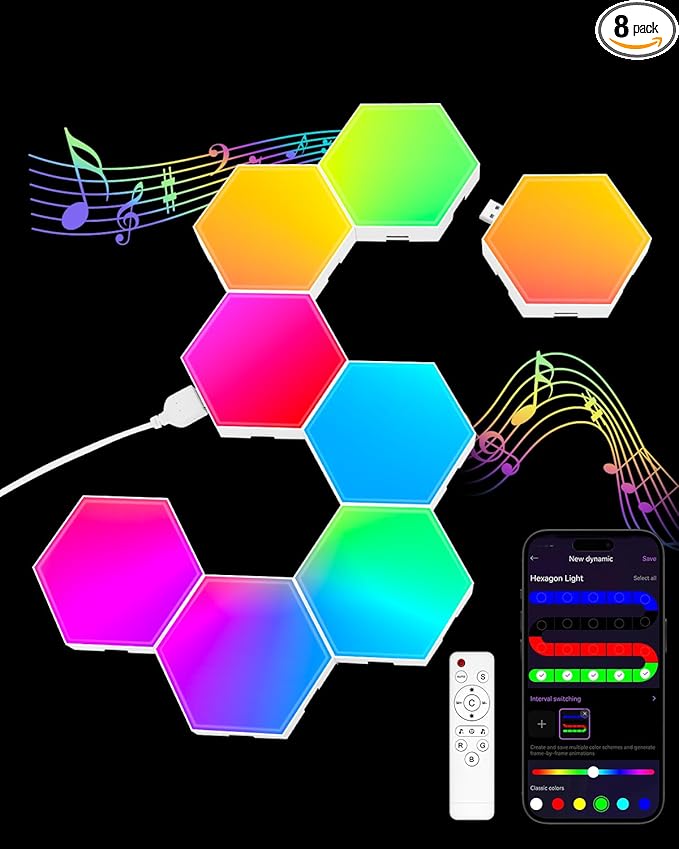 JIMIMORO Hexagon LED Light Panels 8 Pack – RGB Wall Decor Lights with Music Sync, App & Remote – Modular Home & Christmas Decor for Bedroom, Living Room, and Room Decor