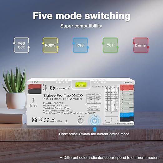 GLEDOPTO ZigBee 3.0 LED Strip Light Controller Pro Max 5 in 1 RGBCCT RGBW RGB CCT Dimmer Monochrome Color White Light Mix PWM Dimming 20A Pluggable Fuse App Voice Control (ZigBee Hub Require)