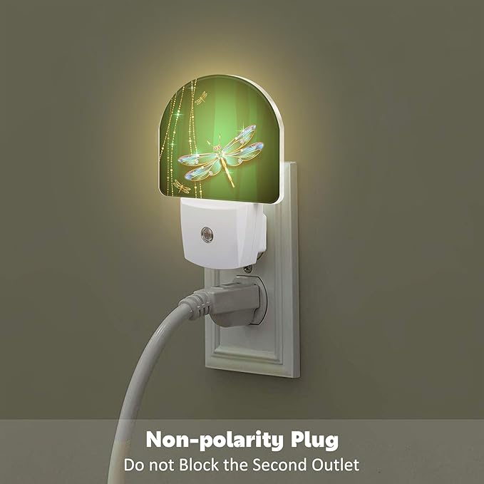 sndheke Green Jewel Dragonfly Night Light for Kids,Luxuxy Gold Dragonfly Night Light Plug in with Dusk to Dawn Sensor,0.5w Energy Saving Sleep Friendly Nightlight for Hallway Stairway Kitchen Bedroom