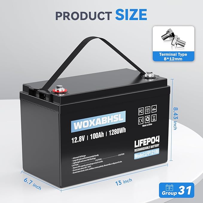 WOXABHSL 12V 100Ah LiFePO4 Lithium Battery,10 Year Lifespan,Built-in 100A BMS, Low-Temp Protection, Up to 15000+ Deep Cycles, for RV, Marine, Solar System, Van, Trailer, Home Energy Storage