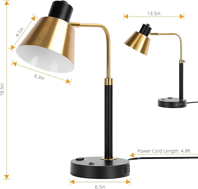 Starstrips Desk Lamp with Dual USB Charging Port, Heavy Duty Metal Task Light, 340 Degree Swivel Arms, Easy Assembly with Cord Guide, Reading Lamp for Home Office, Black & Gold (Bulb Not Included)