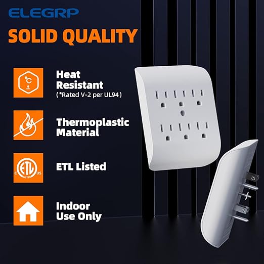 ELEGRP 6-Outlet Extender with Central Anchor, 3-Prong Grounded Wall Tab, Multiple Outlet Extender with 6 Electrical Outlets, ETL Listed, 1 Packs, White