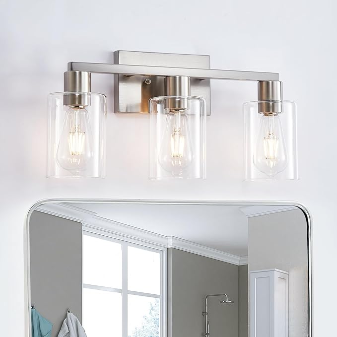 SOPEAS 3-Light Vanity Lights,Brushed Nickel Vanity Light,with Clear Glass Shade for Bathroom Light Fixtures, Bathroom Light Fixtures Over Mirror