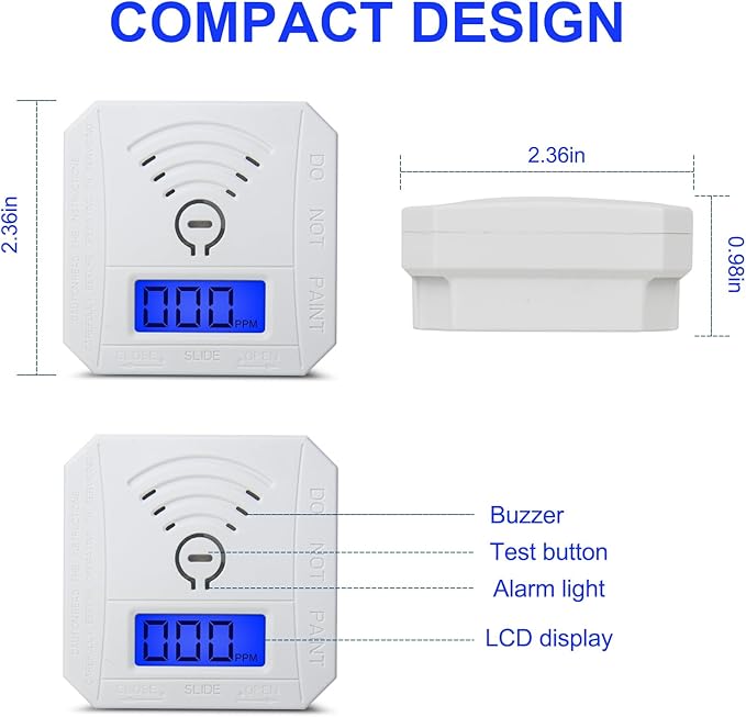 TALLPOWER Carbon Monoxide Detector,CO Gas Monitor Alarm,CO Sensor with LCD Digital Display and Sound Warning,CO Alarm with Sensitive CO Sensor,Battery Powered,for Home,Bedroom,Warehouse(2 Packs)