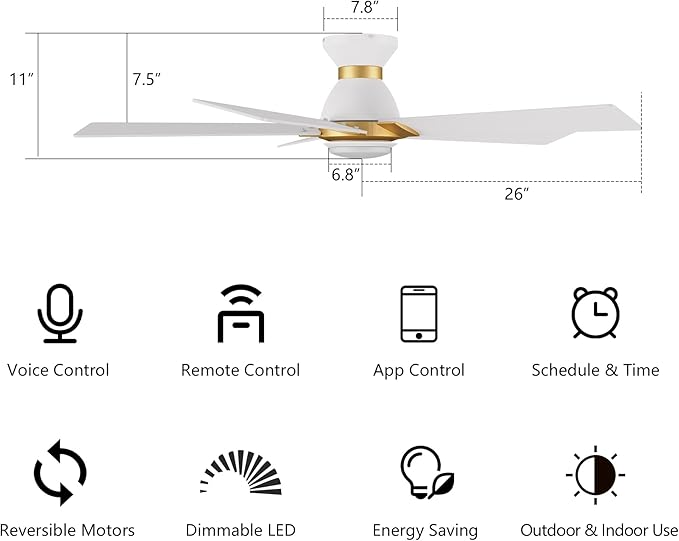 SMAAIR 52 Inch Smart Ceiling Fan with Light and Remote, Flush Mount Modern Ceiling Fan with lights,Compatible with Alexa/Google Assistant/Siri,Timer and Schedule,10 Speed DC Motor,White/Gold