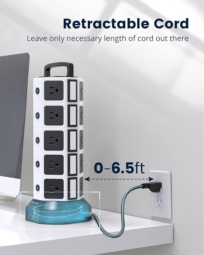 Power Strip Tower Surge Protector, 20 Outlets 6 USB (2 USB C) Charging Station, Extension Cord with Multiple Outlets, 1050J 1625W/13A Outlet Extender 6.5ft Extension Cord for Home Office