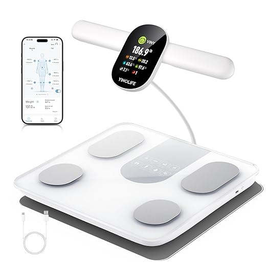YINOLIFE Smart Scale for Body Weight, 8 Electrode Bathroom Scale for Weight Fat BMI Muscle Mass, 28 Full Body Composition Analyzer, Accurate Weight Scale, Rechargeable, 400 lbs, White