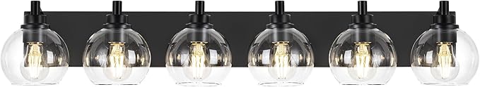 METWET Bathroom Light Fixtures, 6 Light Matte Black Vanity Light, 38 Inch Modern Wall Sconces with Globe Clear Glass Shade, Vanity Lighting Fixtures Over Mirror, VL195-MB-6