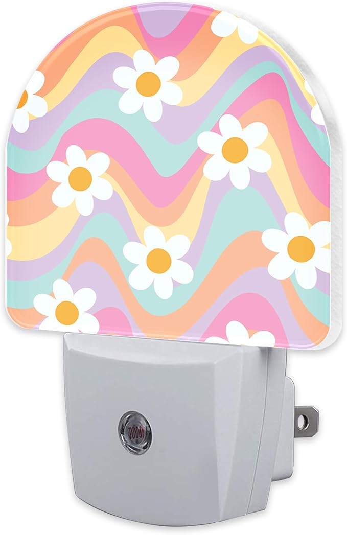 sndheke Groovy Hippie Daisies Flowers Night Light for Kids,Retro Rainbow Wavy Floral Night Light Plug in with Dusk to Dawn Sensor,0.5w Energy Saving Nightlight for Hallway Stairway Kitchen Bedroom