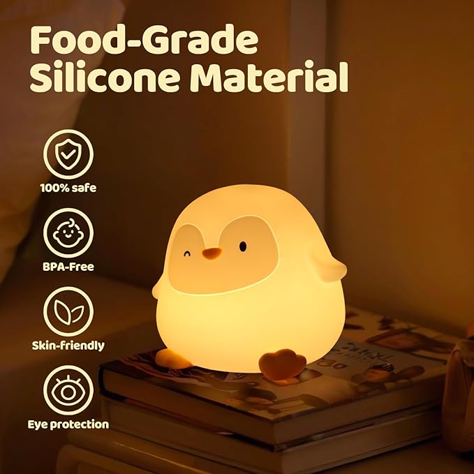Rytinazzz Penguin Night Light, 50-Hour Battery & Pat Control, Squishy Silicone Lamp for Kids Nursery, USB Rechargeable with Timer, Valentines Gifts