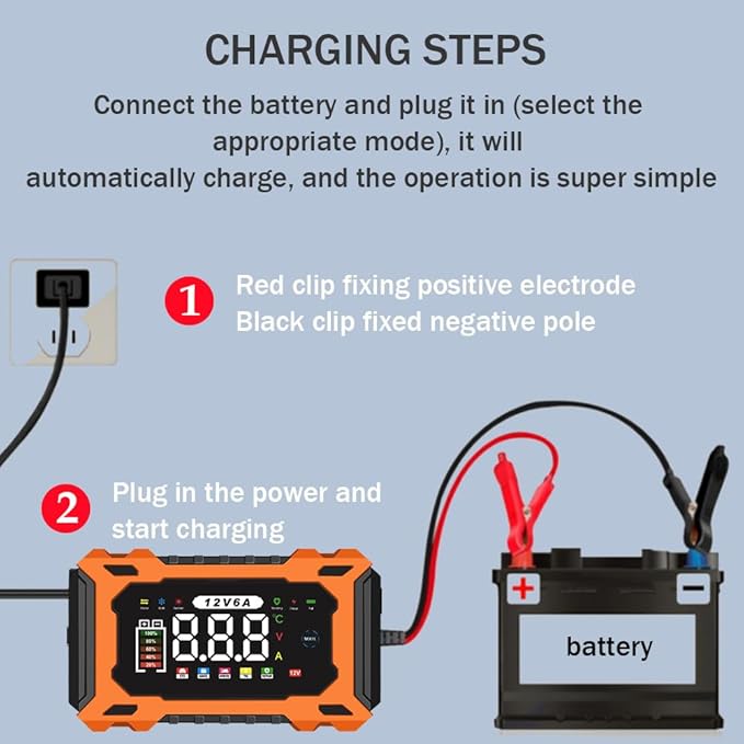 6-Amp 12V Smart Car Battery Charger, Battery Maintainer Trickle Charger with Desulfator, Pulse Repair & Overcharge Protection - for Car Lawn Mower Marine Lead-Acid Batteries (Orange)