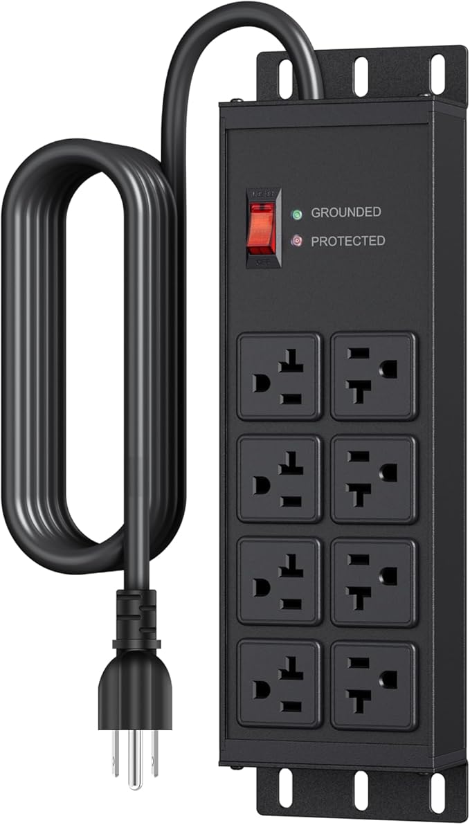JUNNUJ Heavy Duty 20 Amp Surge Protector 4800J, Garage Metal 8 Outlets 12 Gauge, High Amp 5-15P Adapter Shop 6-20R T-Slot Industrial Outlet, 15 FT Extension Cord Commercial for Appliance