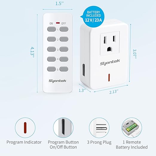 Syantek Remote Control Outlet Wireless Light Switch for Household Appliances, Expandable Remote Light Switch Kit, Up to 100 ft Range, White (5 Outlets + 2 Remotes)
