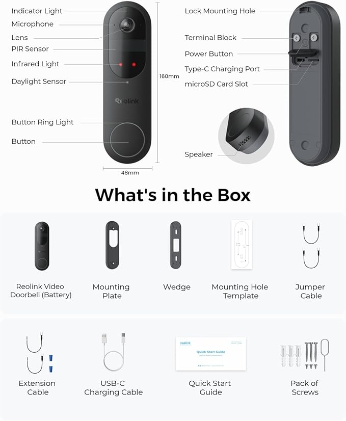 REOLINK 2K Battery Video Doorbell Camera, 150°x150° Head-to-Toe View, 2.4/5 GHz WiFi, Two-Way Talk, No Monthly Fee, Person/Vehicle/Package Detection(Chime not Included)