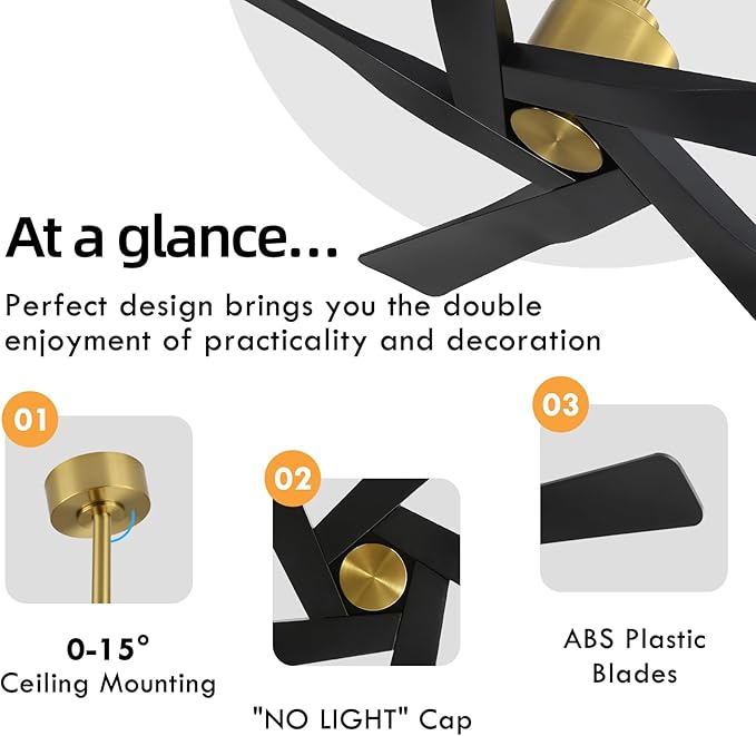 WINGBO 64" ABS DC Ceiling Fan No Light, 5 Blade ABS Plastic Ceiling Fan with Remote, 6-Speed Reversible DC Motor, Ceiling Fans without Light for Kitchen Bedroom Living Room, Brass and Matte Black