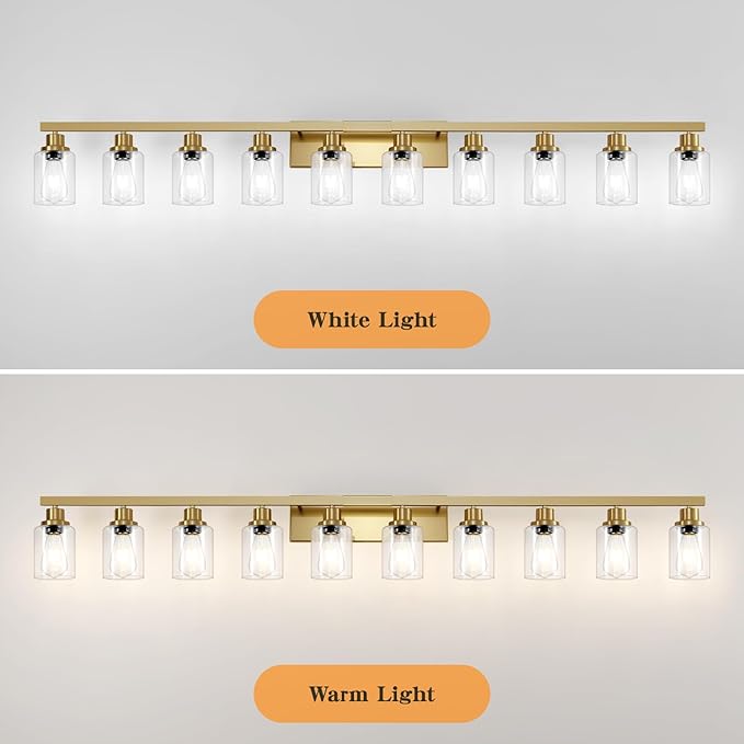 DIKAIDA Gold Bathroom Vanity Light,10-Light Brushed Gold Bathroom Light Fixtures with Clear Glass,64.5in Wall Lamp Sconces for Mirror Bedroom,Living Room Hallway,E26