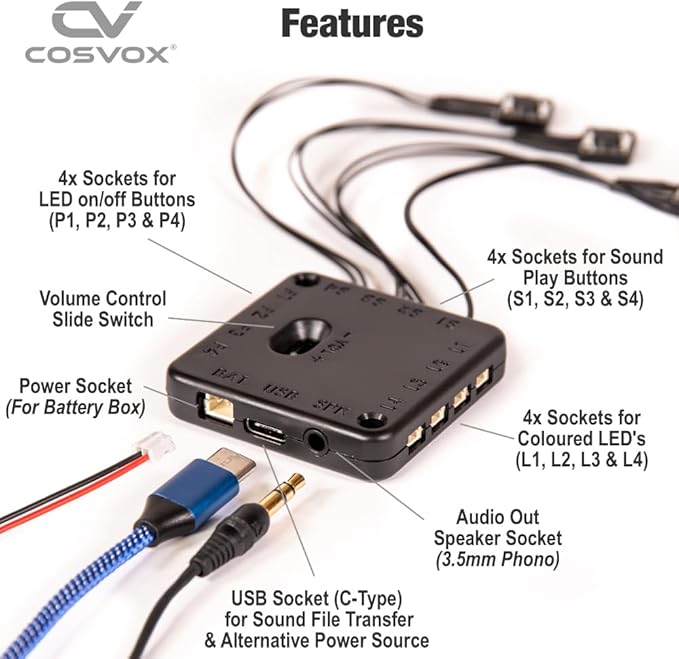 COSVOX Cosplay Sound Effects Module. DIY Audio MP3 Sound Chip with 4 Push Buttons, 8MB Memory. Add Sound Effects or Music to Your Cosplay Costume Accessories, Crafts, Props and Replicas.
