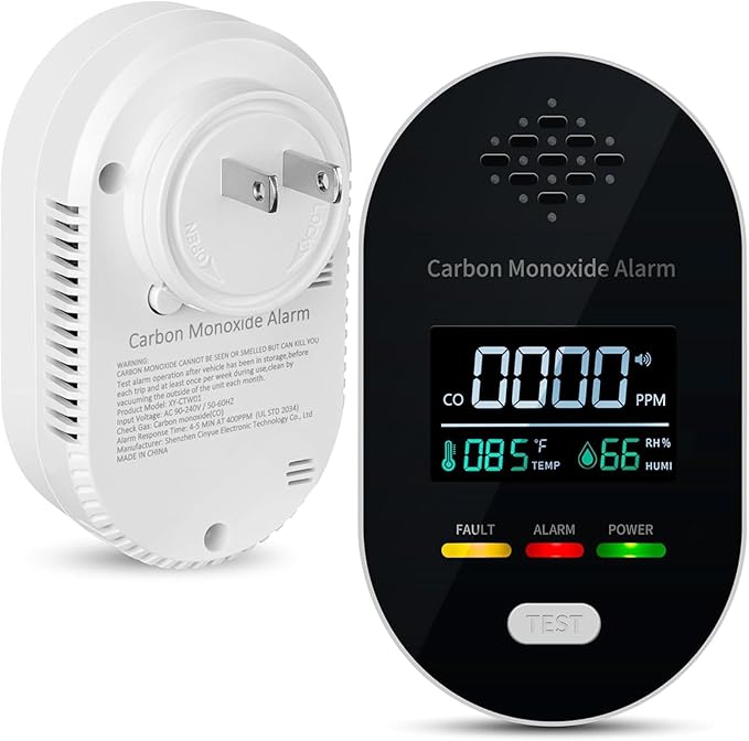 Carbon Monoxide Detector Plug in Wall, 3-in-1 CO Detector with Temperature Humidity Sensor, Portable Carbon Monoxide Detectors Easy to Read & Install, for Home/Office/Hotel/Travel/RV