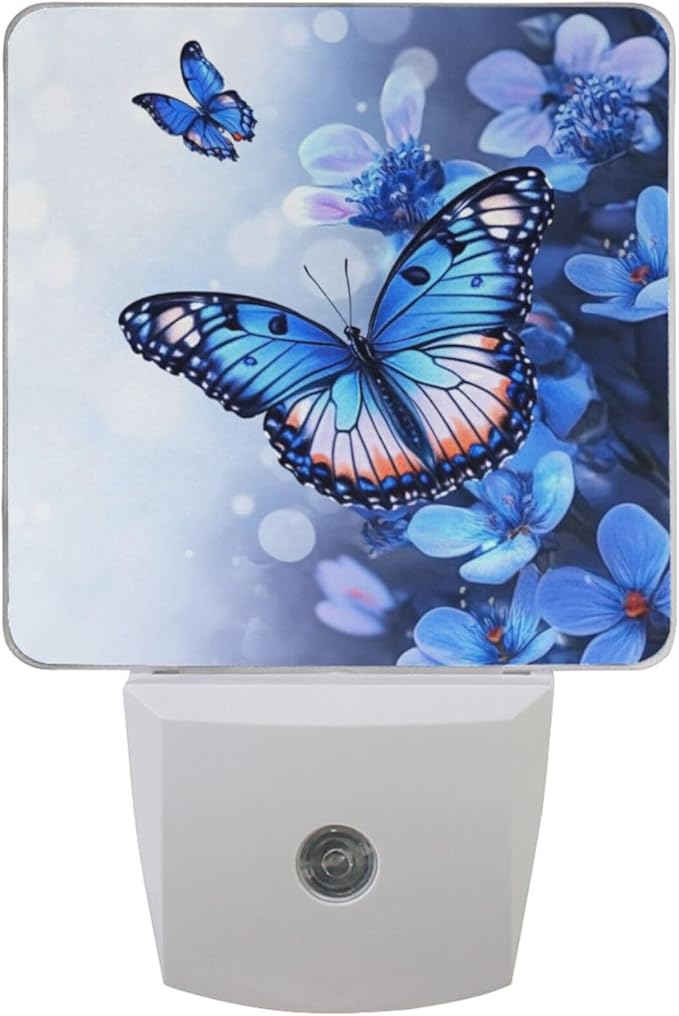 Pigsaly Led Night Light Flowers Blue Butterfly Night Light Plug in Wall Lamp Smart Dusk to Dawn Sensor Nightlight Led Lamp Energy Saving Lights Gift for Kids Room Bedroom Bathroom Hallway