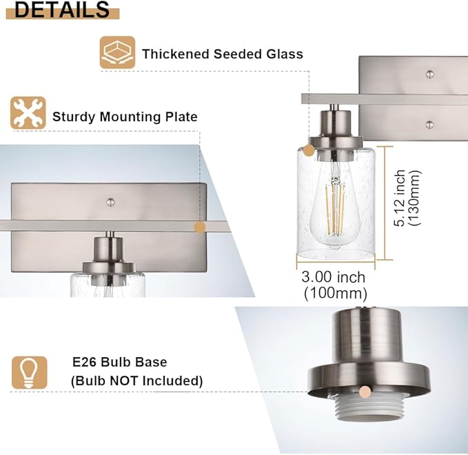 WINSHEN 6-Lights Bathroom Vanity Light Fixtures with Seeded Glass Lampshades, 45.3-Inches Length Modern Brushed Nickel Wall Light Fixture for Kitchen Bathroom Lighting