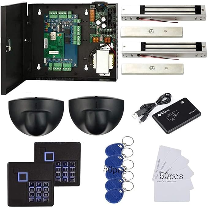 MENGQI-CONTROL Magnetic Lock Exit Motion Sensor 2 Doors TCP/IP Access Control System Keypad Reader Control Board 110V Power Supply Box USB Enroll Reader RFID Card/Key Fob(Phone APP Remote Open Door)