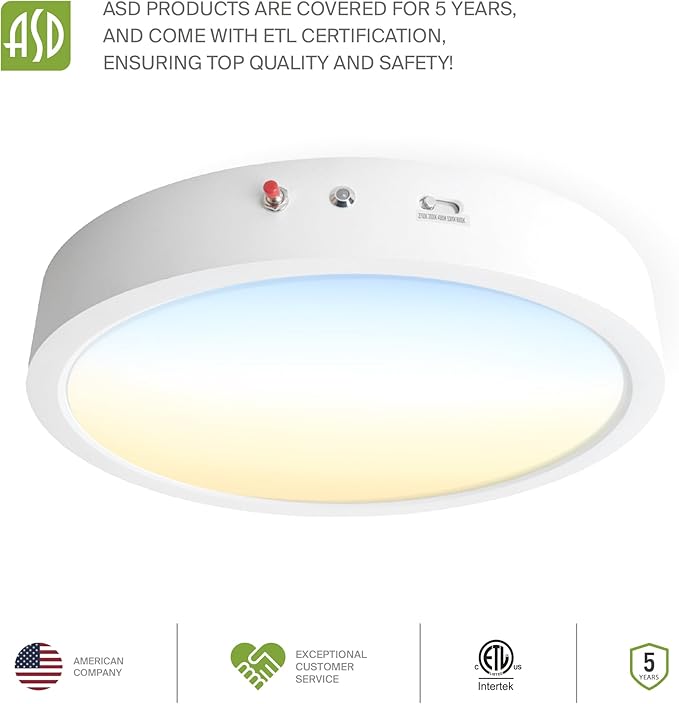 ASD LED 12" Round Flush Mount Ceiling Light Fixture, Low Profile Surface Lighting | 5CCT, Dimmable, Battery Backup, ETL Listed | 24W 2100LM 2700-6000K 120V | Kitchen, Hallway Lamp | White, 12 Pack