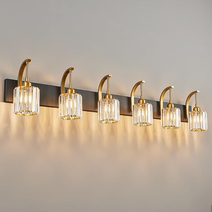 FDPBY 6-Light Crystal Vanity Light, Black Gold Modern Wall Sconce with K9 Crystal Shades, 51.18" Long Over Mirror Lighting for Bathroom, Makeup, Hallway, Elegant & Easy Install