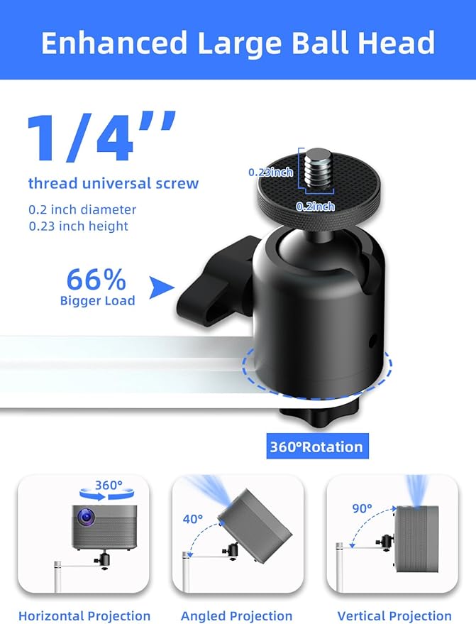 suptek Height Adjustable Projector Stand Against Wall Hidden Stand, 360°Swivel, Universal Projector Mount Bracket, Compatible with Home Office Video Vlog DVR Camera, Upgraded Large Ball Head, PR007FPW