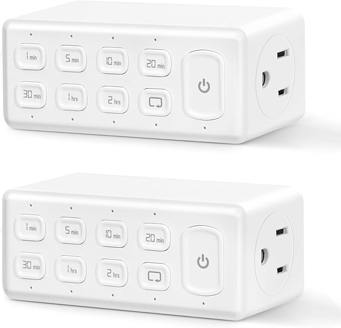 TOPELER Countdown Timer Dual Outlet, Programmable Electrical Timers Outlets with Repeat Function, Up to 4H for Lights, Fan, Appliance, Electric Bike, 3-Prong, 15A/1875W, ½ HP, 2 Pack