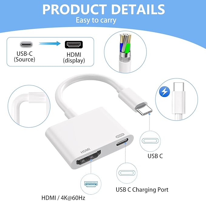 Kinhaly USB C to HDMI for TV, 4K@60Hz Type C to HDMI Adapter with Charging Port, iPhone to Hdmi to USB C Adapter Compatible for iPhone 16/15 Series/iPad Pro/Galaxy/MacBook Pro to HDTV Projector