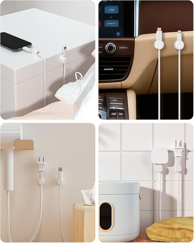 TIKIWIK Rotatable Cord Holder, Snap-Lock Cable Clips, 8 Pack Adhesive Cord Organizer, Phone Charger Wire Organizer Keeper for Nightstand Car Kitchen Office Accessory,White