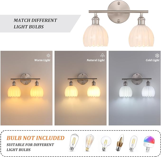 Shenmoyl Bathroom Light Fixtures, 2-Light Vanity Wall Light Over Mirror with White Tulip Glass Shade for Bedroom Living Room (Bulb Not Included), Satin Nickel
