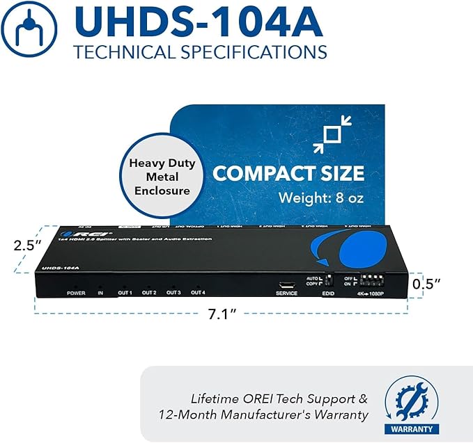 OREI 1x4 2.0 HDMI Splitter with Scaler Audio Extractor 4 Ports with Full Ultra HDCP 2.4K at 60Hz & 3D Supports EDID Control - UHDS-104A