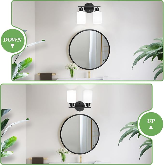 Guliaofo 2-Light Vanity Lights, Black Bathroom Light Fixture with Striped Textured Milky White Glass Shade, Modern Vanity Lighting Fixture for Bathroom Wall Light Over Mirror, E26 Wall Sconce