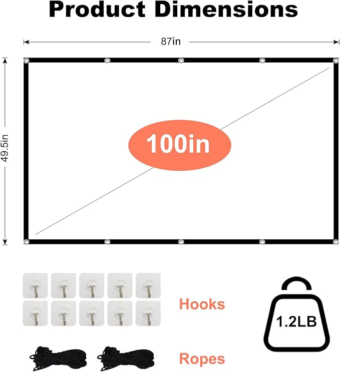 TOWOND Projector Screen 100 inch Projection Screen Indoor Outdoor Washable Anti-Crease 16:9 HD Rear Front Movies Screen for Home Theater Office