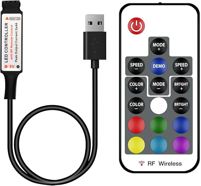 DAYBETTER RF Wireless Remote LED Controller, DC 5V to 24V for LED Strip Lights, 17 Keys Wireless Remote Control Dimmer Controller, Mini 4-Pin RF LED Controller