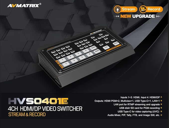 AVMATRIX HVS0401E Video Switcher Mixer 4 Channel SDI HDMI Inputs 2 Channel PGM Output for Live Streaming Recording