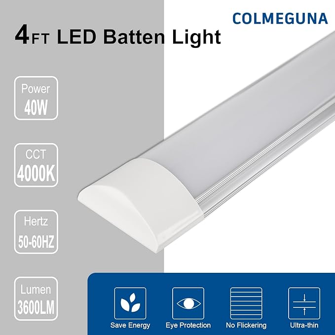 colmeguna 4 Packs 4FT LED Batten Light, Ultra-Thin Ceiling Surface Mounted Light, 40W, 4000K, IP20, LED Ceiling Lamp for Garage, Shop, Hallway, Office, Market, ver2