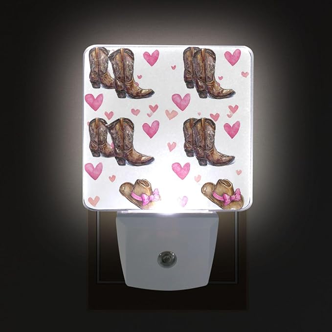 Pigsaly Led Night Light Cowgirl Hat Boots Pink Bow Hearts Night Light Plug in Wall Lamp Smart Dusk to Dawn Sensor Nightlight Led Lamp Energy Saving Lights Gift for Kids Room Bedroom Bathroom Hallway