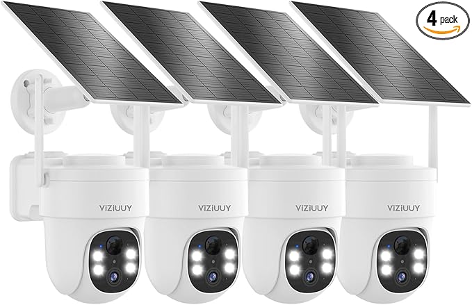 VIZIUUY Solar Security Cameras Wireless Outdoor 4 Pack, 3MP Security Cameras Wireless Outdoor, Pan Tilt 360°WiFi Camera with Color Night Vision/PIR Sensor/2-Way Audio/Alexa