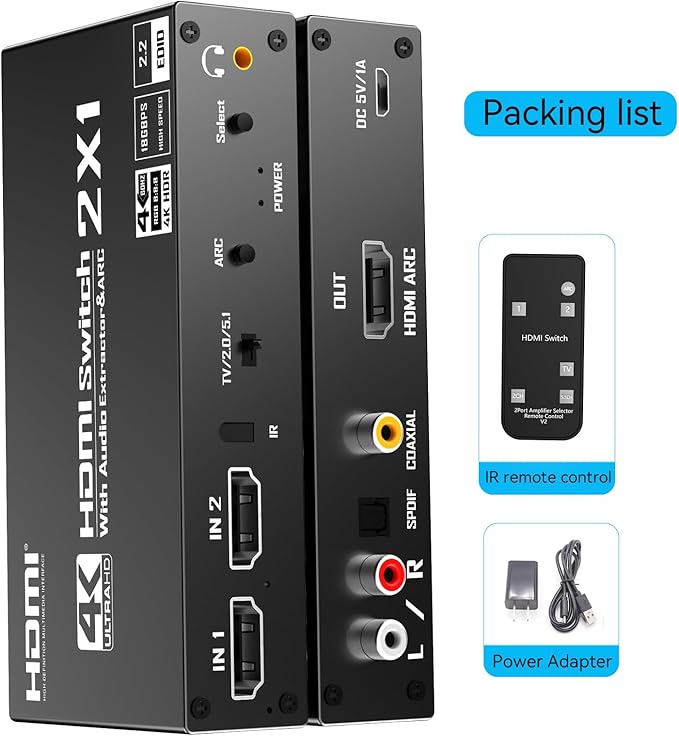 PERESAL HDMI Switch eARC Audio Extractor, 4K@60hz HDMI Audio Splitter with Remote, Support 7.1 Channel Audio/Optical Toslink SPDIF/Coaxial Converter HDR
