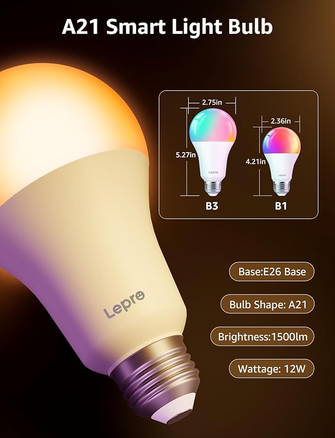 Lepro B3 AI Smart Light Bulbs - 1500LM 100W Equivalent A21 Bulb, WiFi & Bluetooth RGBWW Color Changing, Works with Alexa & Google Assistant, AI Voice Control by App, Music Sync, 2.4GHz Only (2 Pack)