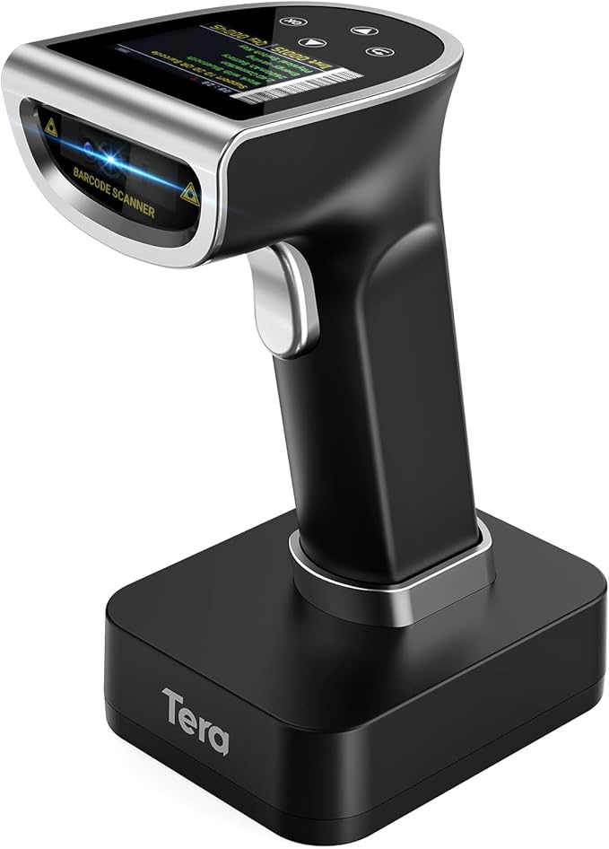 Tera Barcode Scanner Wireless with Screen: Pro Version 1D 2D QR with Digital Setting Keypad Power Switch Charging Cradle Works with Bluetooth 2.4G Wireless Bar Code Reader HW0015 Silver