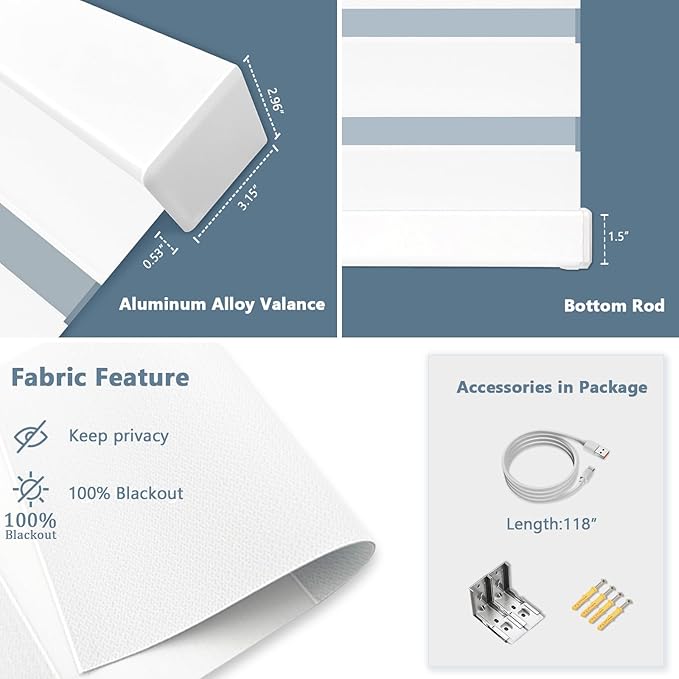 COOLWINDS Motorized Zebra Blinds for Windows Cordless Electric Curtains with Remote Control Blackout Shades Custom Smart Blinds Compatible with Alexa Google Home(Blackout White,W36 X 72in)