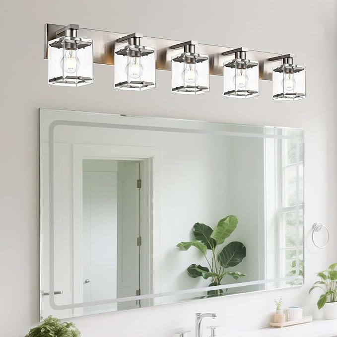 WINSHEN 5-Lights Brushed Nickel Bathroom Wall Light with Clear Glass Shade, E26 Bulb Base Vanity Lighting Fixtures Over Mirror for Kitchen Cabinet Bedroom