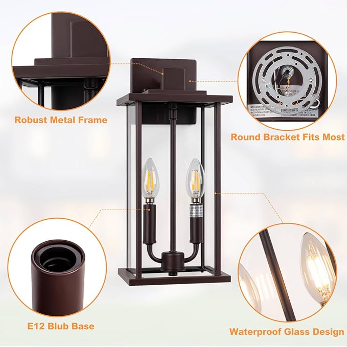 SIAFAVOI 2-Pack 16" Large Outdoor Wall Light Fixtures, 2-Light Exterior Front Porch Light, Brushed Outdoor Sconce Lights, Waterproof Farmhouse Lamp Lighting (Bronze, 16in No Sensor)