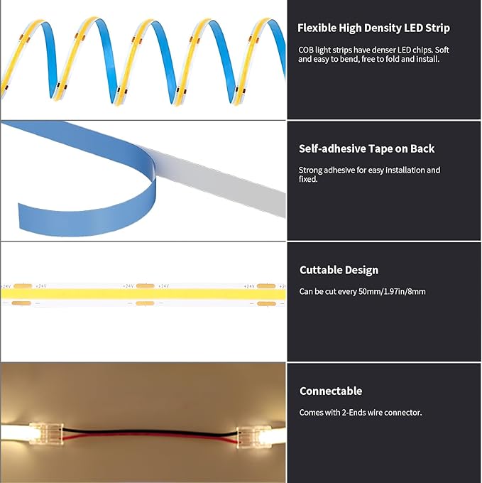 BUNACET 80FT/24m COB LED Strip Light (2 Rolls of 40ft) Warm White Dimmable 6500K High Lumen CRI 90+ with 24V Power Adapter RF Remote LED Lights for Bedroom Counter Under Cabinet Kitchen Projects