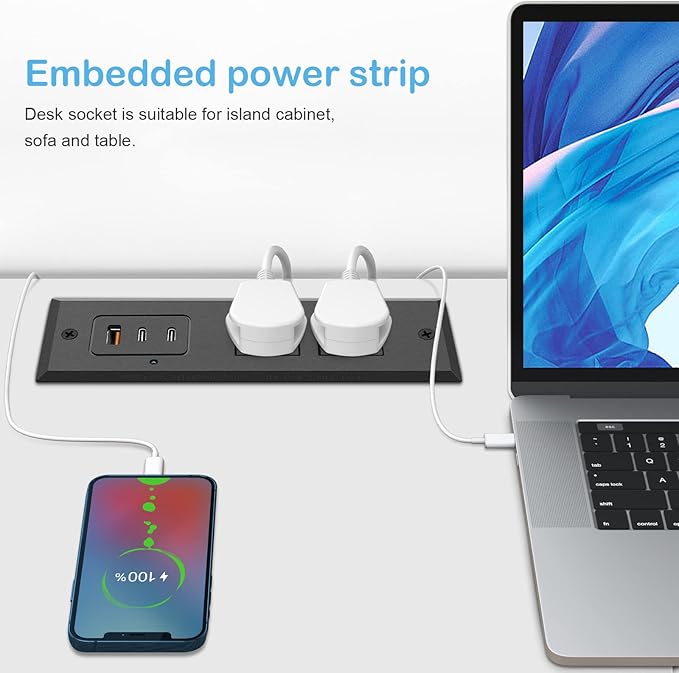CCCEI Recessed Power Strip with 45W USB-C Ports, Fast Charging USB A Port Desk Outlet, Black Furniture Hidden Charging Station for Side Table, End Table, with 6 FT 45 Degree Flat Plug Extension Cord.