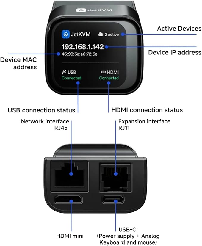 JetKVM KVM Over IP Computer Remotely Control, IP KVM Open-Source Touchscreen LCD for IP/MAC/HDMI/USB Status, KVM Switch for Home Offices & Data Center 1080p 60FPS Ultra-Low Latency